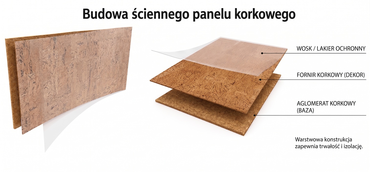 Budowa ściennego panelu korkowego — warstwy: aglomerat korkowy, fornir korkowy, wosk/lakier ochronny