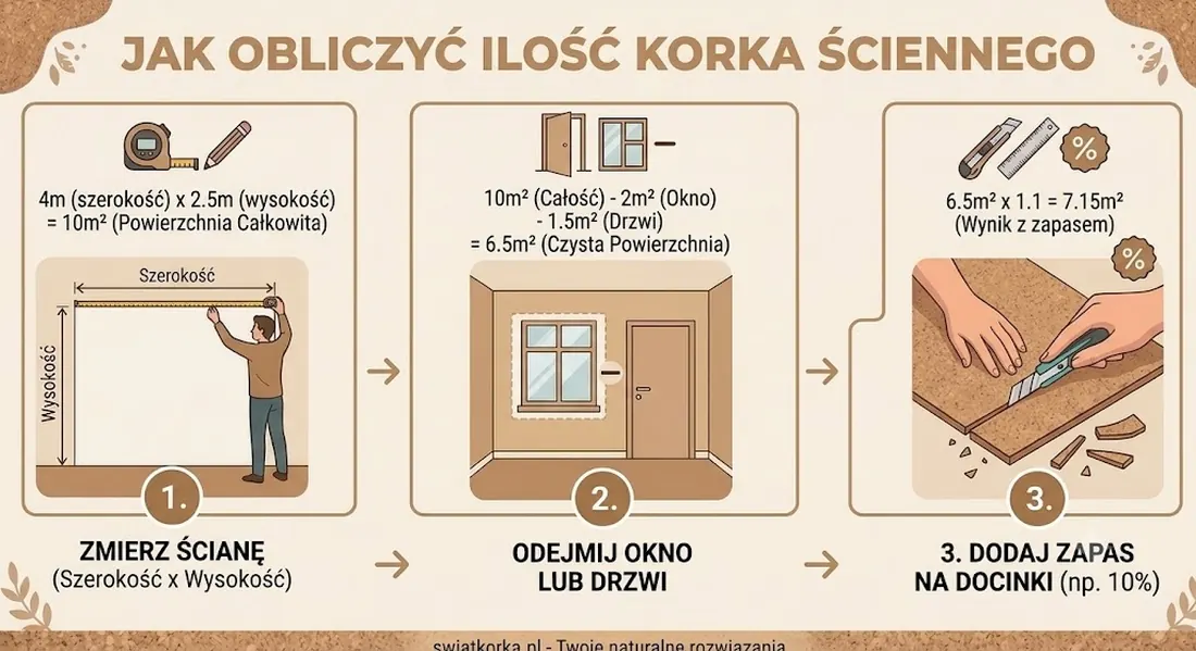 Jak obliczyć ilość korka ściennego — zmierz ścianę, odejmij okno i drzwi, dodaj 10% zapasu